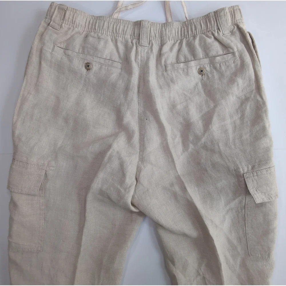 Caribbean Linen Pants Mens 38x30 Beige Cargo Elastic Drawstring Resort Beach